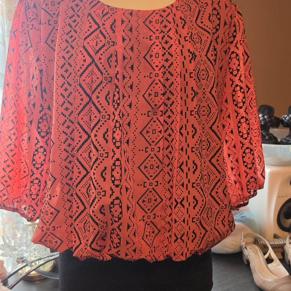 Karina Grimaldi Coral Red Printed Blouson-Sleeve Top